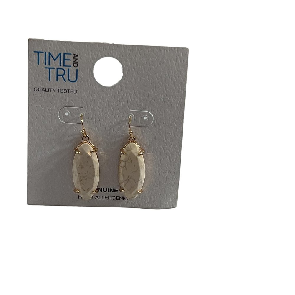 Time and Tru Earrings Gold Tone Dangle White Stone 1.75" Long Hypo Allergenic